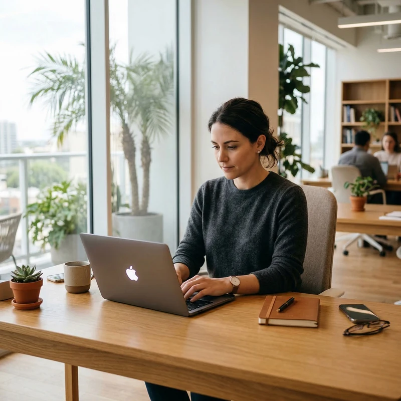 Professional focused on work at a laptop in a modern office