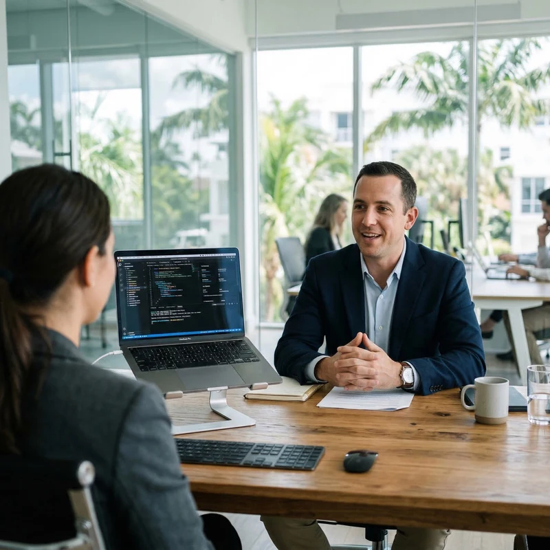 Salesforce consultant smiling during a client meeting across a desk