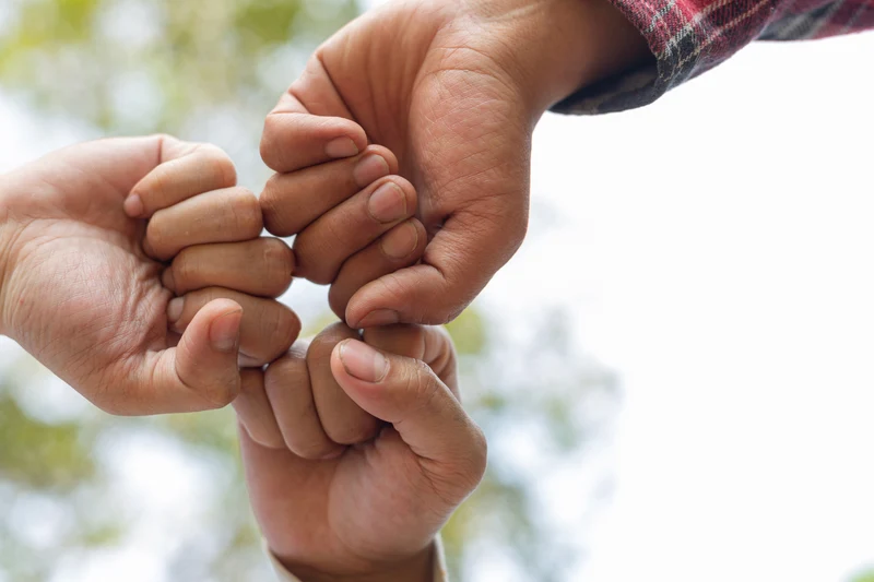 Four diverse hands joined in a fist bump symbolizing teamwork and community