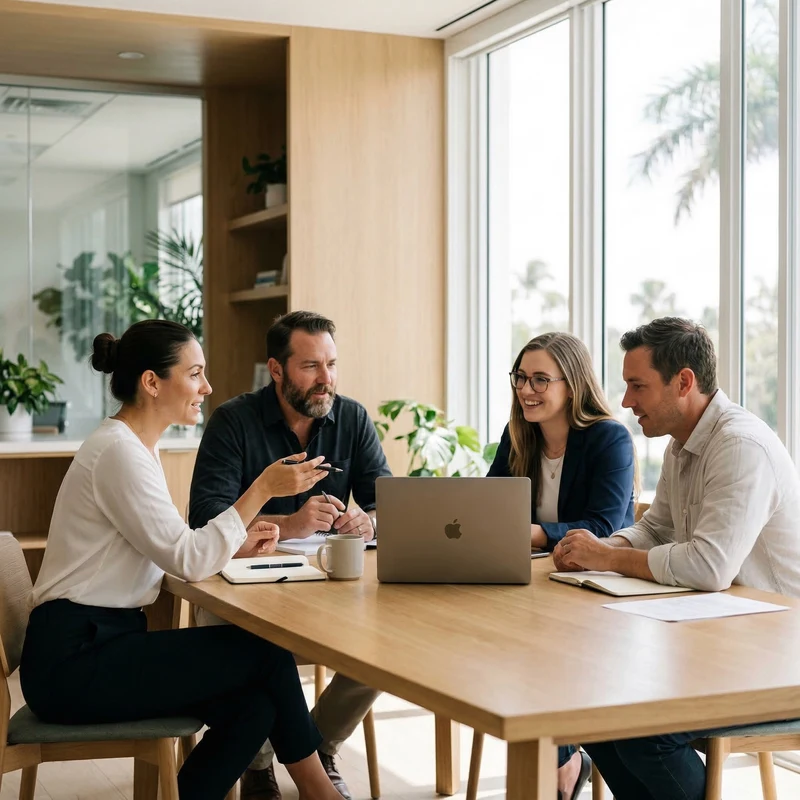Four professionals discussing a project around a laptop by a sunny window