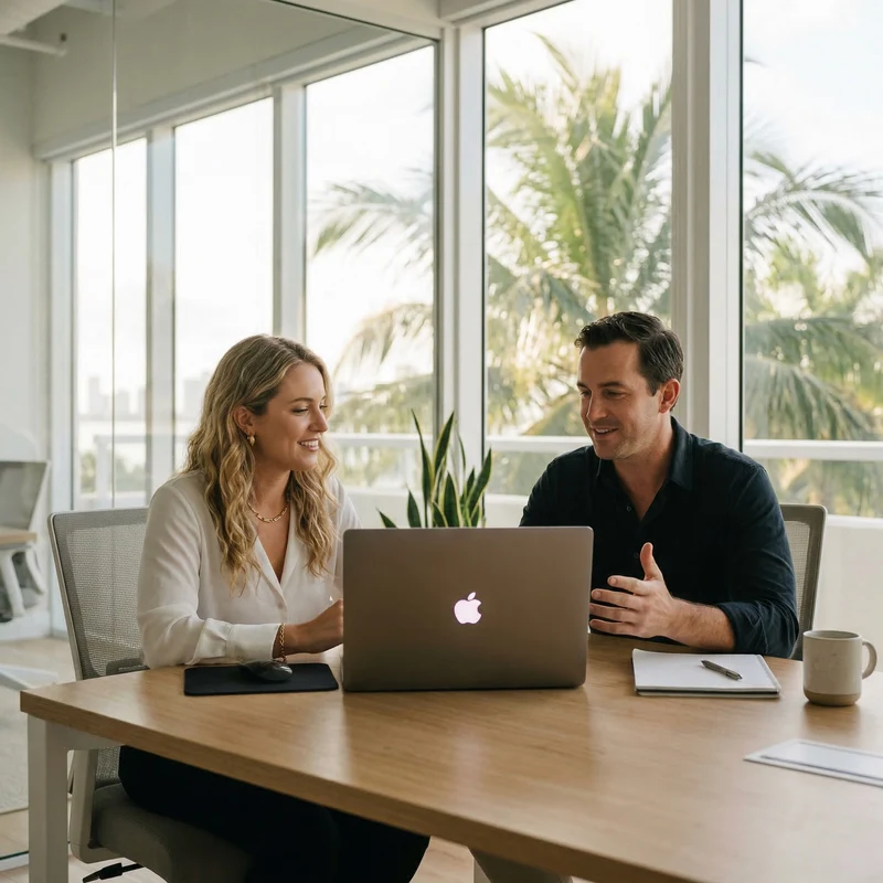 Two colleagues reviewing work together on a laptop with a palm-tree view